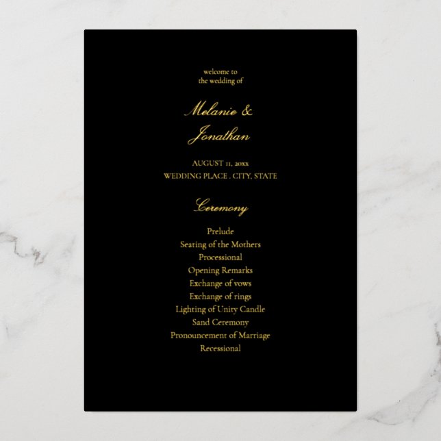 Programme de cérémonie de mariage élégant noir (Recto)