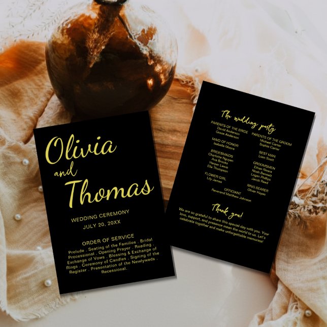 Programme de cérémonie de mariage élégant noir et  (Créateur téléchargé)