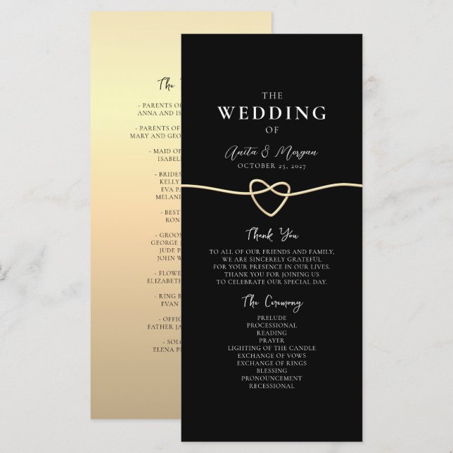 Programme de cérémonie de mariage élégant or noir (Devant / Derrière)
