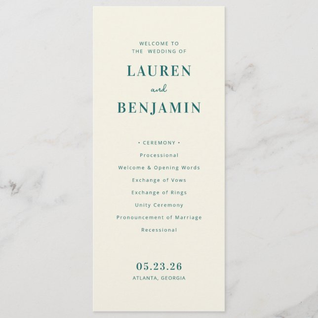 Programme de cérémonie de mariage élégant sarcelle (Devant)