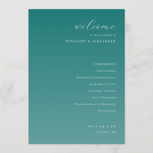 Programme de cérémonie de mariage élégant sarcelle (Devant)