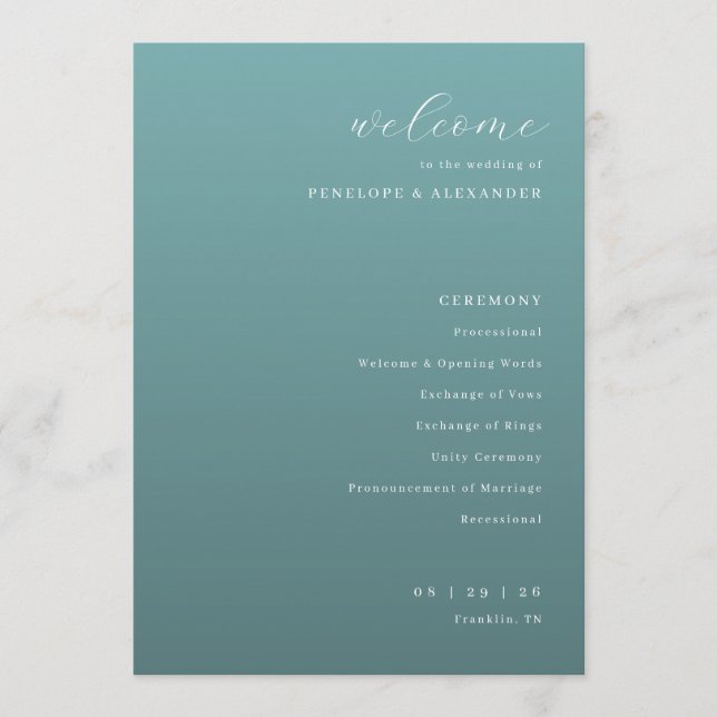 Programme de cérémonie de mariage élégant sarcelle (Devant)