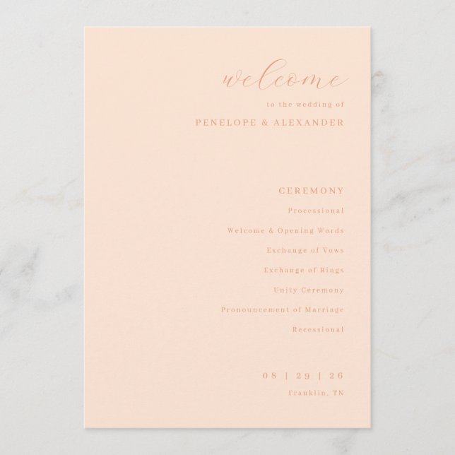 Programme de cérémonie de mariage Élégante Pêche (Devant)