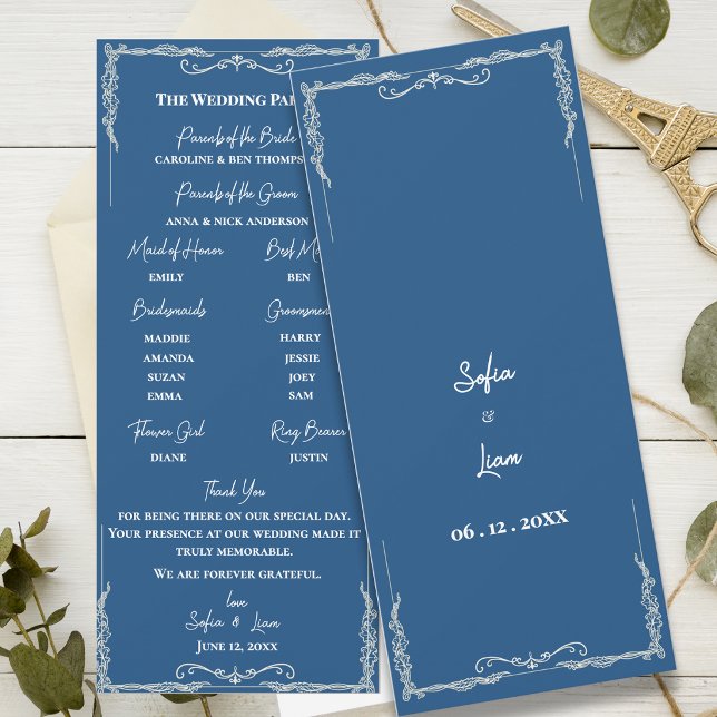 Programme de cérémonie de mariage en bleu poussiér (Dusty Blue Wedding Program Card Elegant Black Tie Ceremony Program Classic Wedding Program)