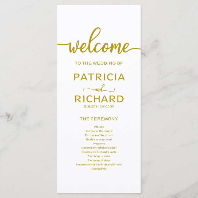 Programme de cérémonie de mariage en or (Devant)