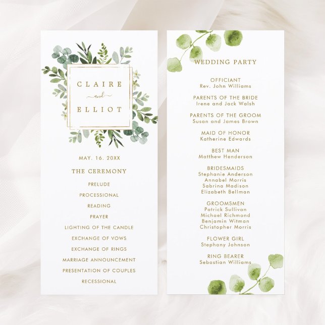 Programme de cérémonie de mariage en verdure dorée (Front & Back)