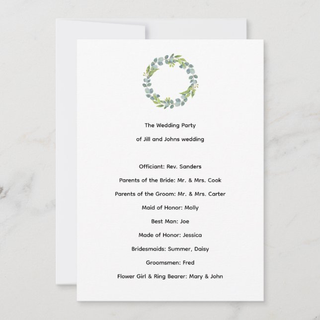 Programme de cérémonie de mariage eucalyptus botan (Devant)
