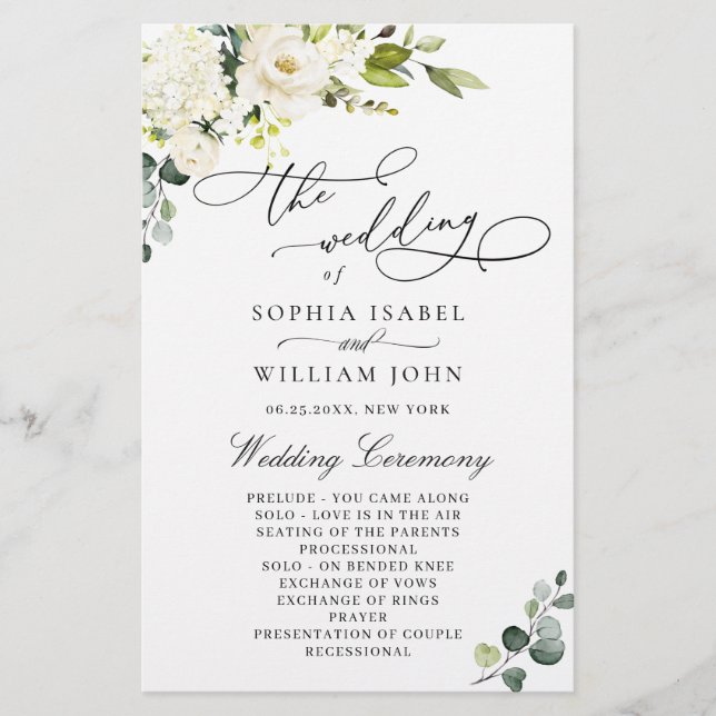 Programme de Cérémonie de Mariage Eucalyptus Roses (Devant)