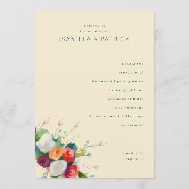 Programme de cérémonie de mariage floral beige élé (Devant)