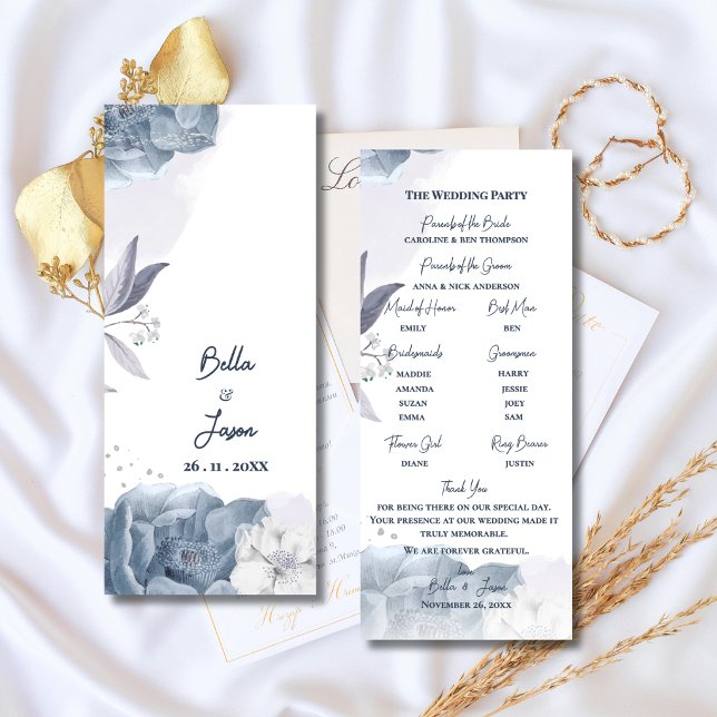 Programme de cérémonie de mariage floral bleu pous (Dusty Blue Romantic Floral Wedding Program | Elegant Ceremony Program Card )