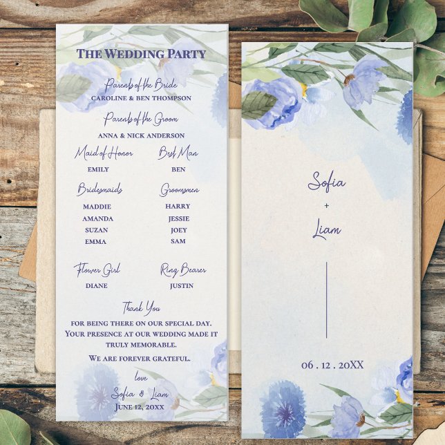 Programme de cérémonie de mariage floral bleu pous (Dusty Blue Watercolor Floral Wedding Program Card | Elegant Blue Botanical Ceremony Order of Events )