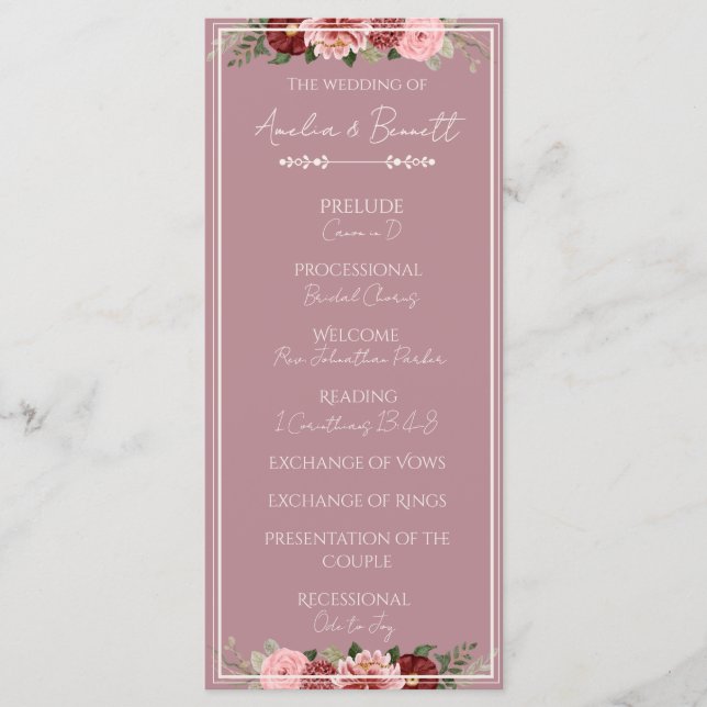 Programme de cérémonie de mariage floral bordeaux  (Devant)