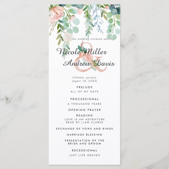 Programme de cérémonie de mariage floral d'été rou (Devant)
