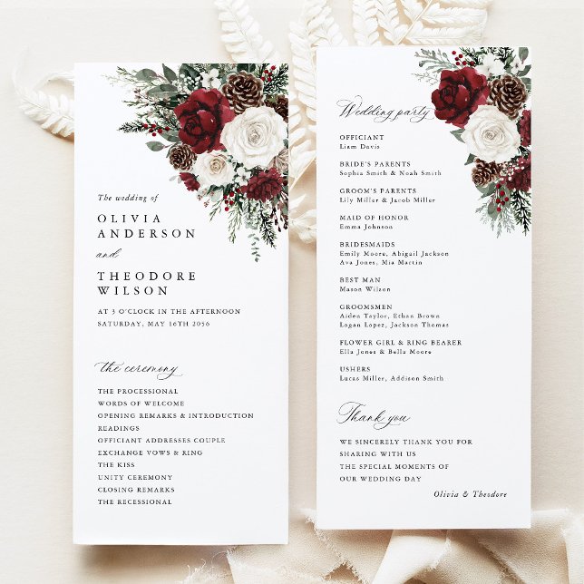 Programme de cérémonie de mariage floral d'hiver e (Burgundy winter floral wedding program card, pinecone ceremony program, elegant wedding party)