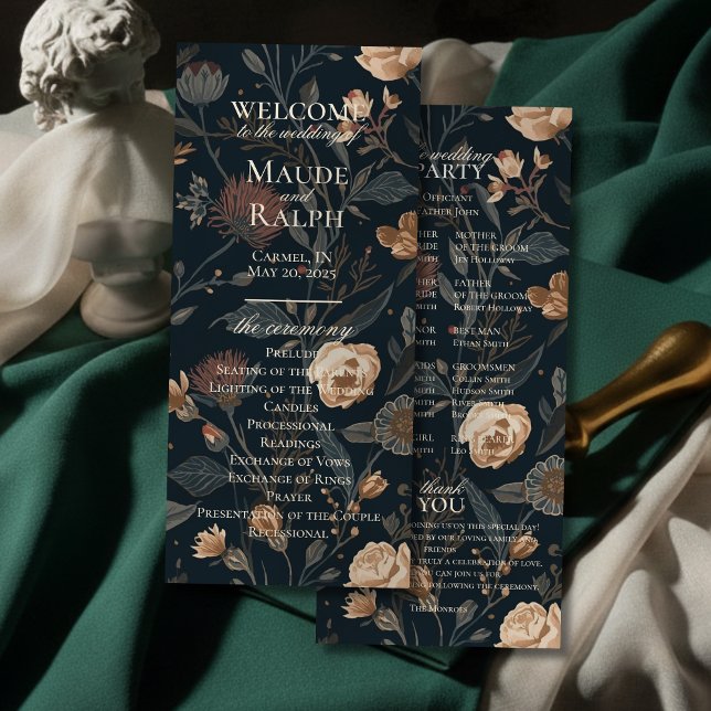 Programme de cérémonie de mariage floral noir cont (Guide your guests through your ceremony in timeless style with this Contemporary Wedding Program!)