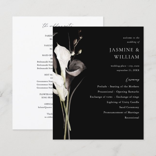 Programme de cérémonie de mariage floral noir et b (Devant / Derrière)