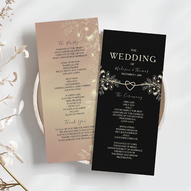 Programme de cérémonie de mariage floral or noir (Créateur téléchargé)