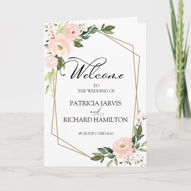 Programme de cérémonie de mariage floral rose blus (Devant)