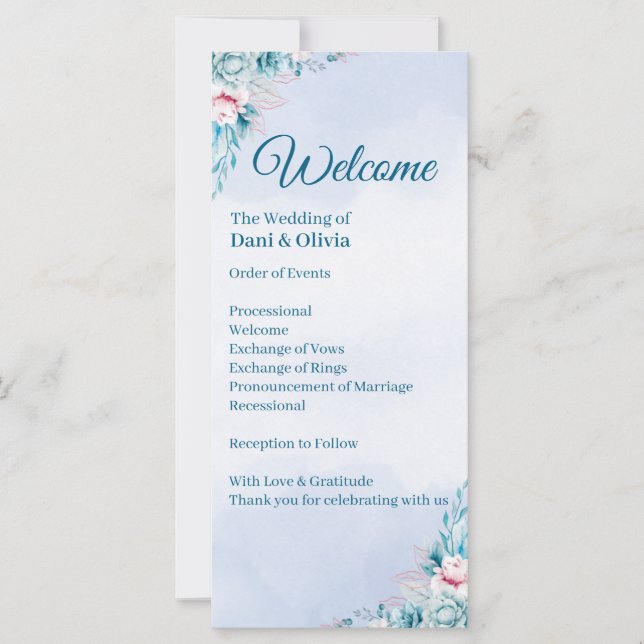 Programme de cérémonie de mariage floral sarcelle (Devant)