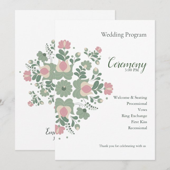 Programme de cérémonie de mariage floral vert saug (Devant / Derrière)