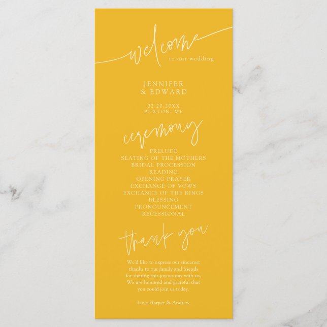 Programme de cérémonie de mariage jaune minimalist (Devant)
