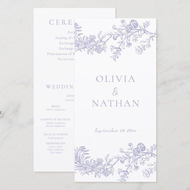 Programme de cérémonie de mariage lilas Élégance V (Devant / Derrière)