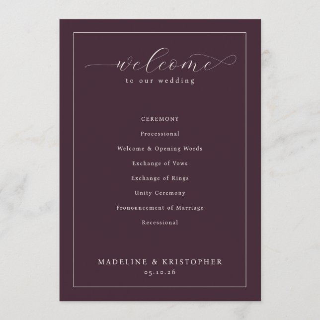 Programme de cérémonie de mariage marron élégant (Devant)