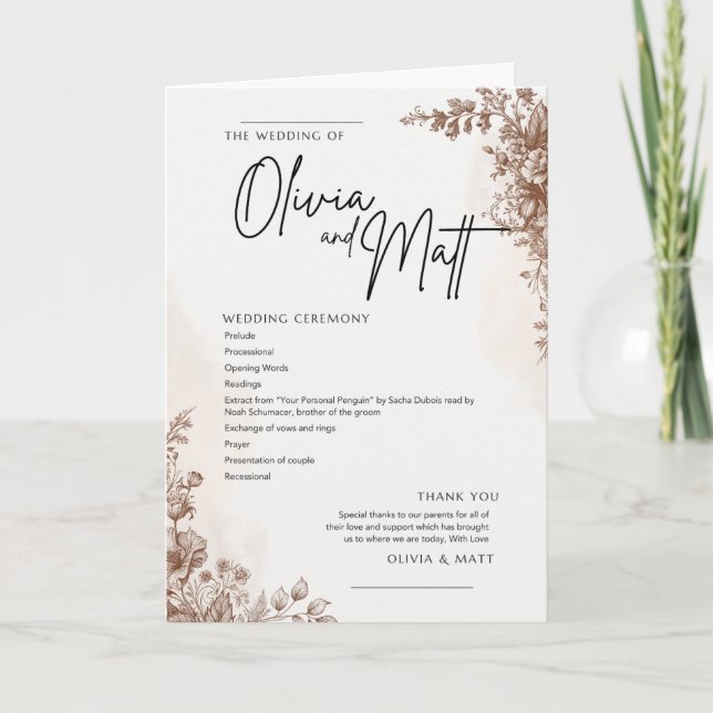 Programme de cérémonie de mariage – Marron Floral  (Devant)