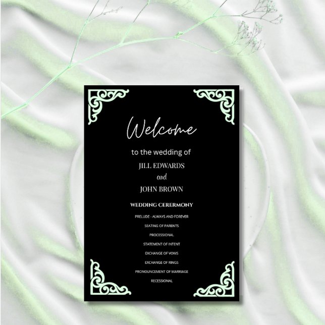 Programme de cérémonie de mariage noir coin vert m (Créateur téléchargé)