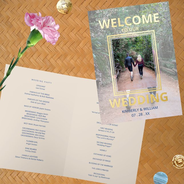Programme de cérémonie de mariage photo Marseille  (Marseille Bleu Modern Wedding Program With Real Foil Printing)