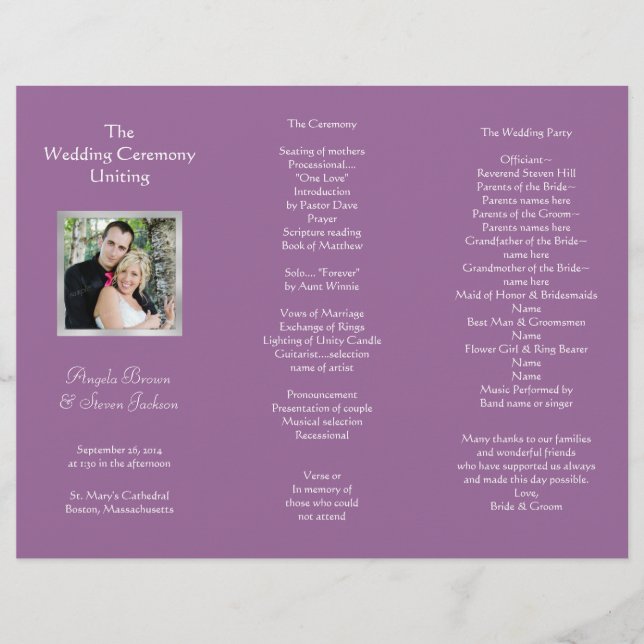 Programme de cérémonie de mariage plié avec photo (Devant)