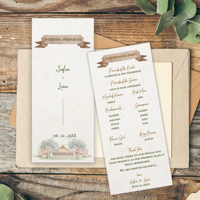 Programme de cérémonie de mariage sous tente rusti (Boho Outdoor Tent Wedding Program Card | Rustic Watercolor Camp Ceremony Order of Events Card)