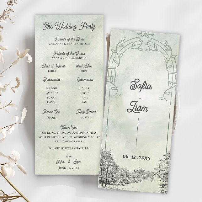 Programme de cérémonie de mariage sous une arche d (Sage Green Garden Arch Wedding Program | Elegant Botanical Ceremony Card)