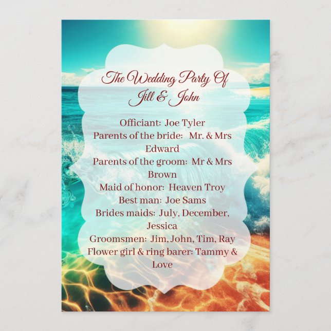 Programme de cérémonie de mariage sur la plage mod (Devant)