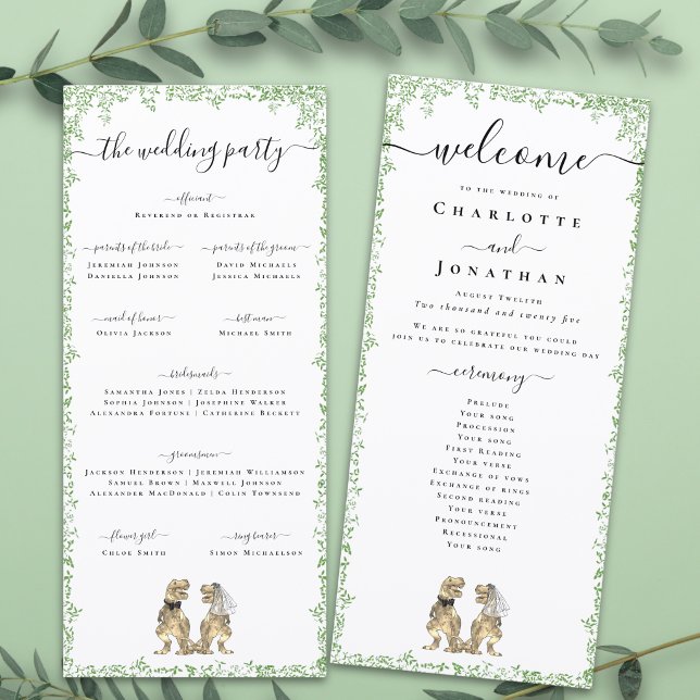 Programme de cérémonie de mariage sur le thème des (T-Rex bride and groom funny dinosaur wedding ceremony program card Watercolor foliage elegant script)