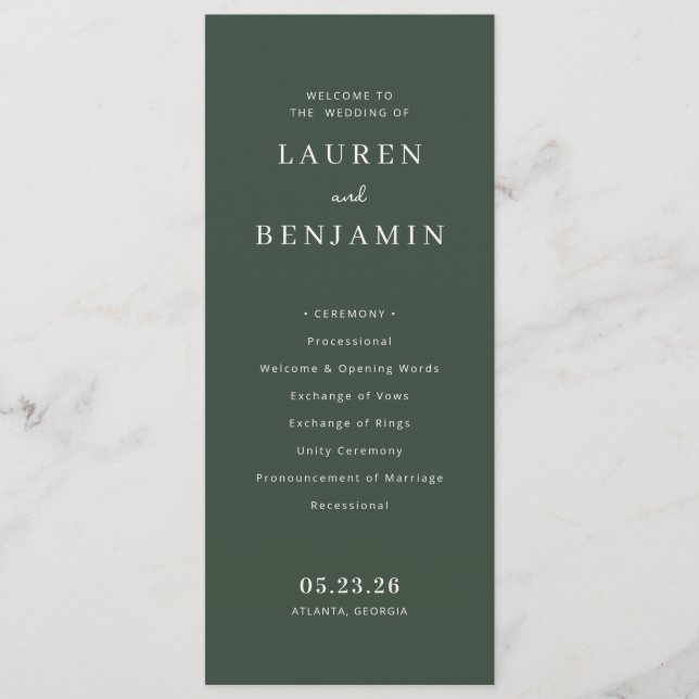 Programme de cérémonie de mariage vert élégant (Devant)
