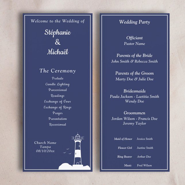 Programme de cérémonie des Mariages bleus de la ma (Lighthouse Navy Blue Wedding Ceremony Program)