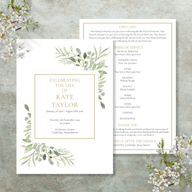 Programme de cérémonie funéraire florale de verdur (Greenery Floral Funeral Order Of Service Program)