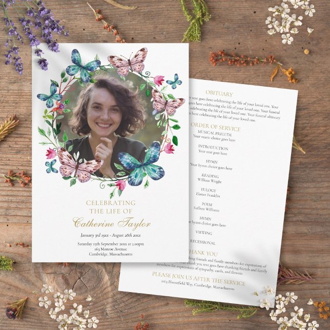 Programme de cérémonie funéraire photo de papillon (Butterflies Photo Funeral Order Of Service Program)
