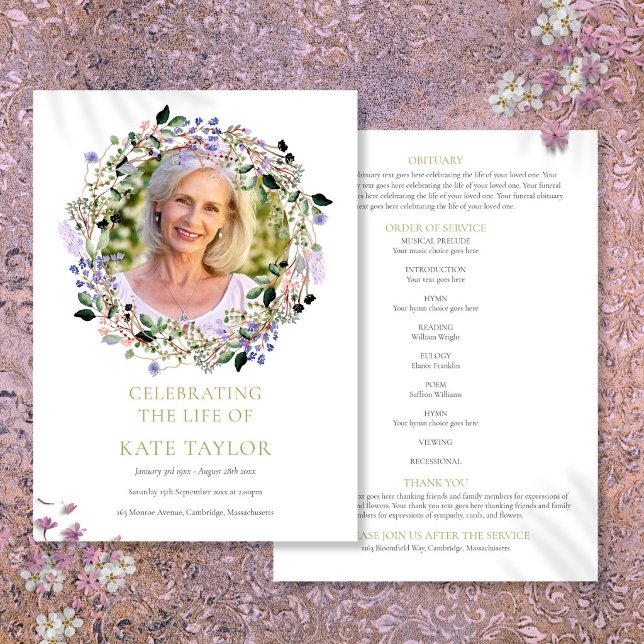 Programme de cérémonie funéraire photo floral lava (Lavender Floral Photo Funeral Order Of Service Program)