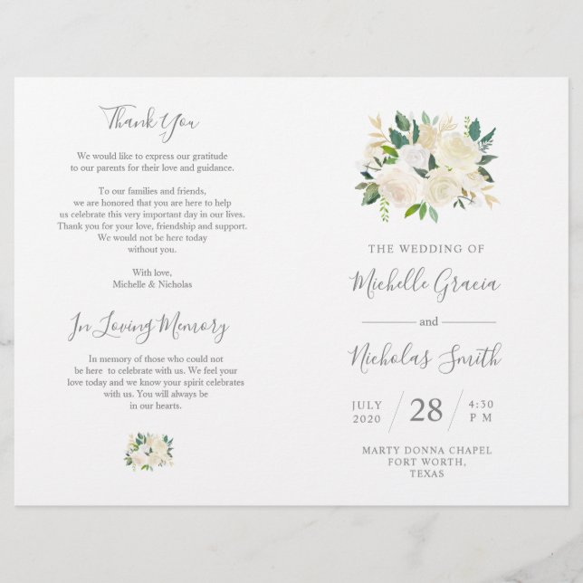 Programme de cérémonie mariage Crème Aquarelle Flo (Devant)