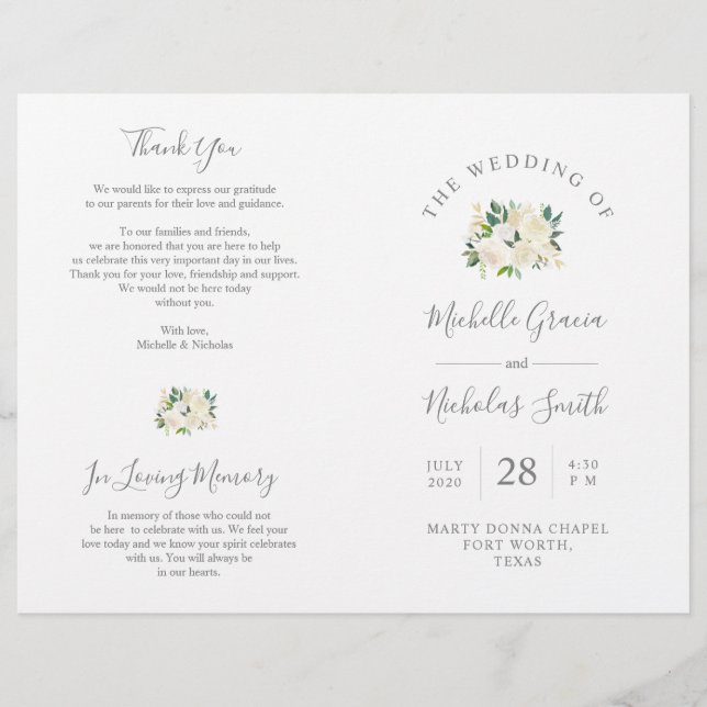 Programme de cérémonie mariage Crème Aquarelle Flo (Devant)