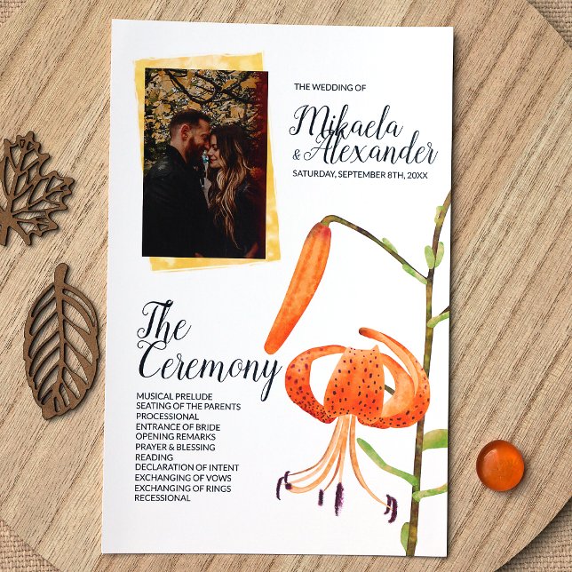 Programme de Cérémonie Mariage de la Lily du Tigre (Orange Tiger Lily Wedding Ceremony Program for a Fall Wedding)