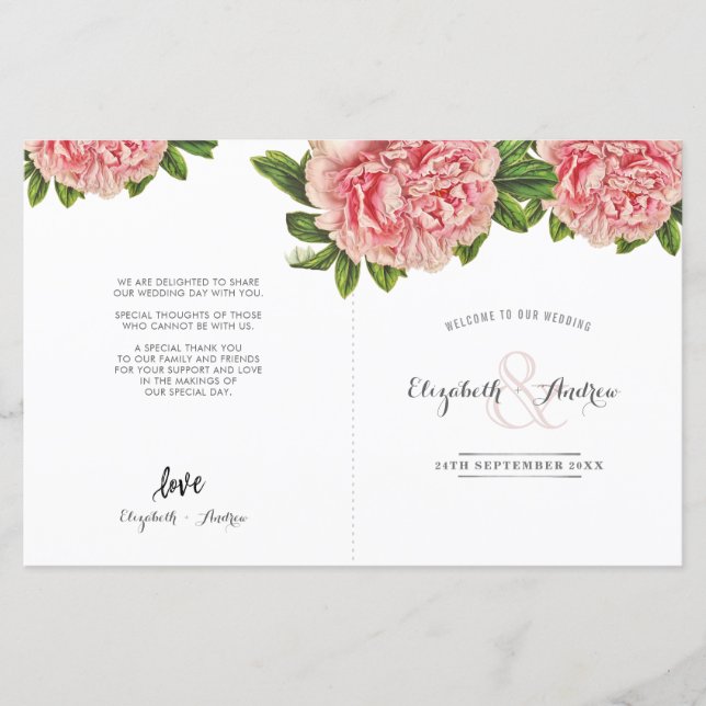 PROGRAMME DE CÉRÉMONIE mariage Fleur de pivoine à  (Devant)
