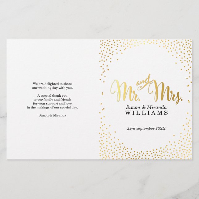 PROGRAMME DE CÉRÉMONIE mariage mini confetti en or (Devant)