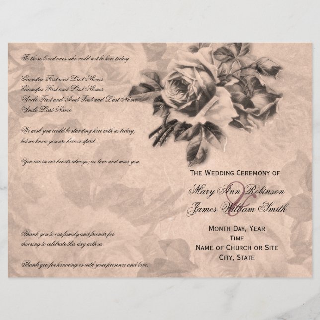 Programme de Cérémonie mariage Roses Vintages Sepi (Devant)