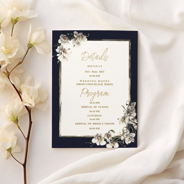Programme de détails sur l'orchidée blanche et or  (Glam navy blue gold white orchid Details Program)
