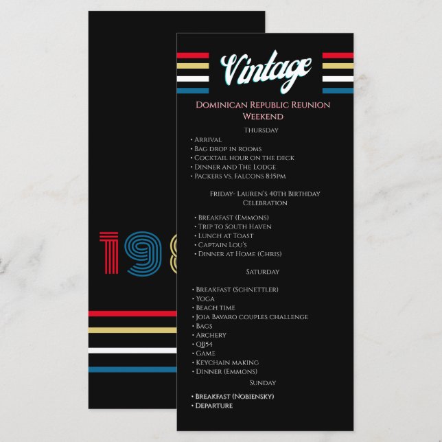 Programme de fête d'anniversaire rétro 40 ans 1986 (Devant / Derrière)