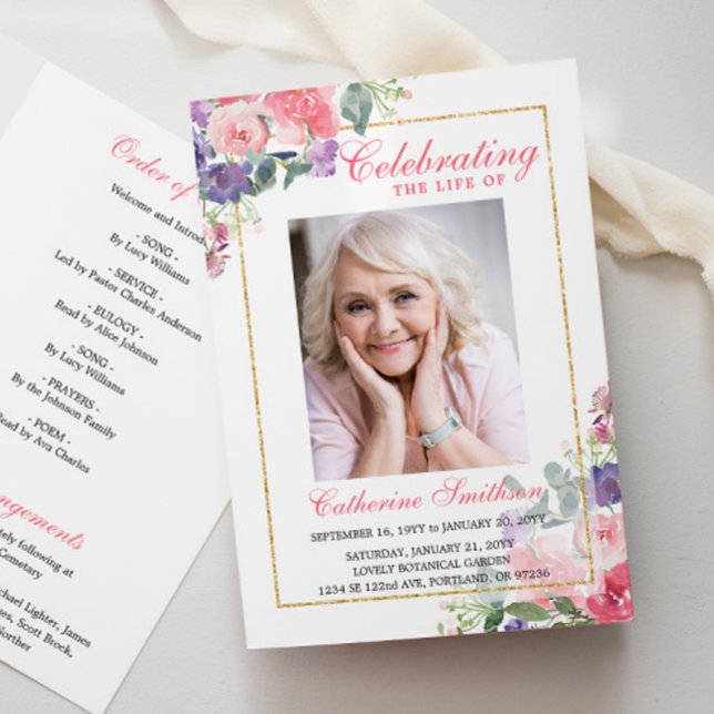 Programme de funérailles élégant avec photo floral (Créateur téléchargé)