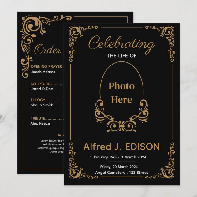 Programme de funérailles noir doré, Mémorial de fu (Devant / Derrière)